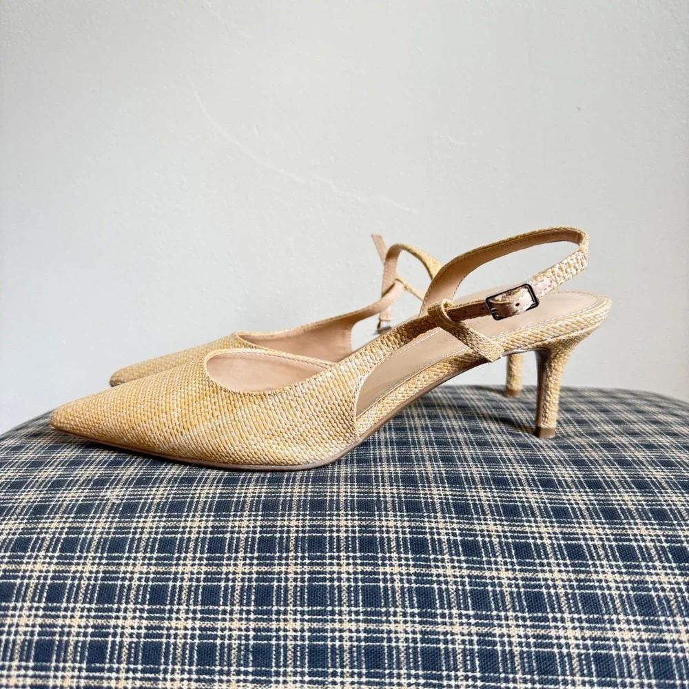 Marc Fisher Zala Woven Raffia Slingback Kitten Heel Pump Size 7.5 Tan